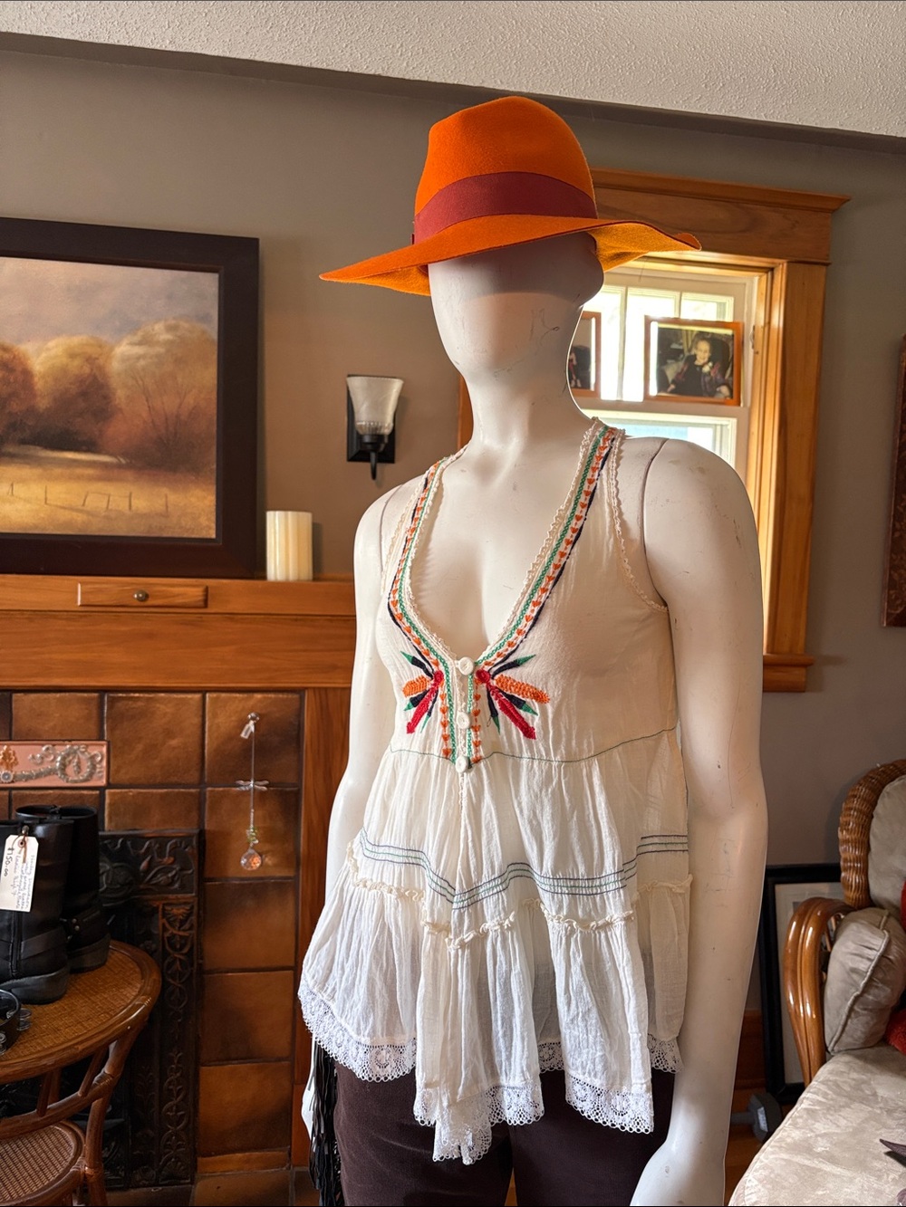 #113 Vanilla Star Cream Embroidered Boho V-Neck Camisole